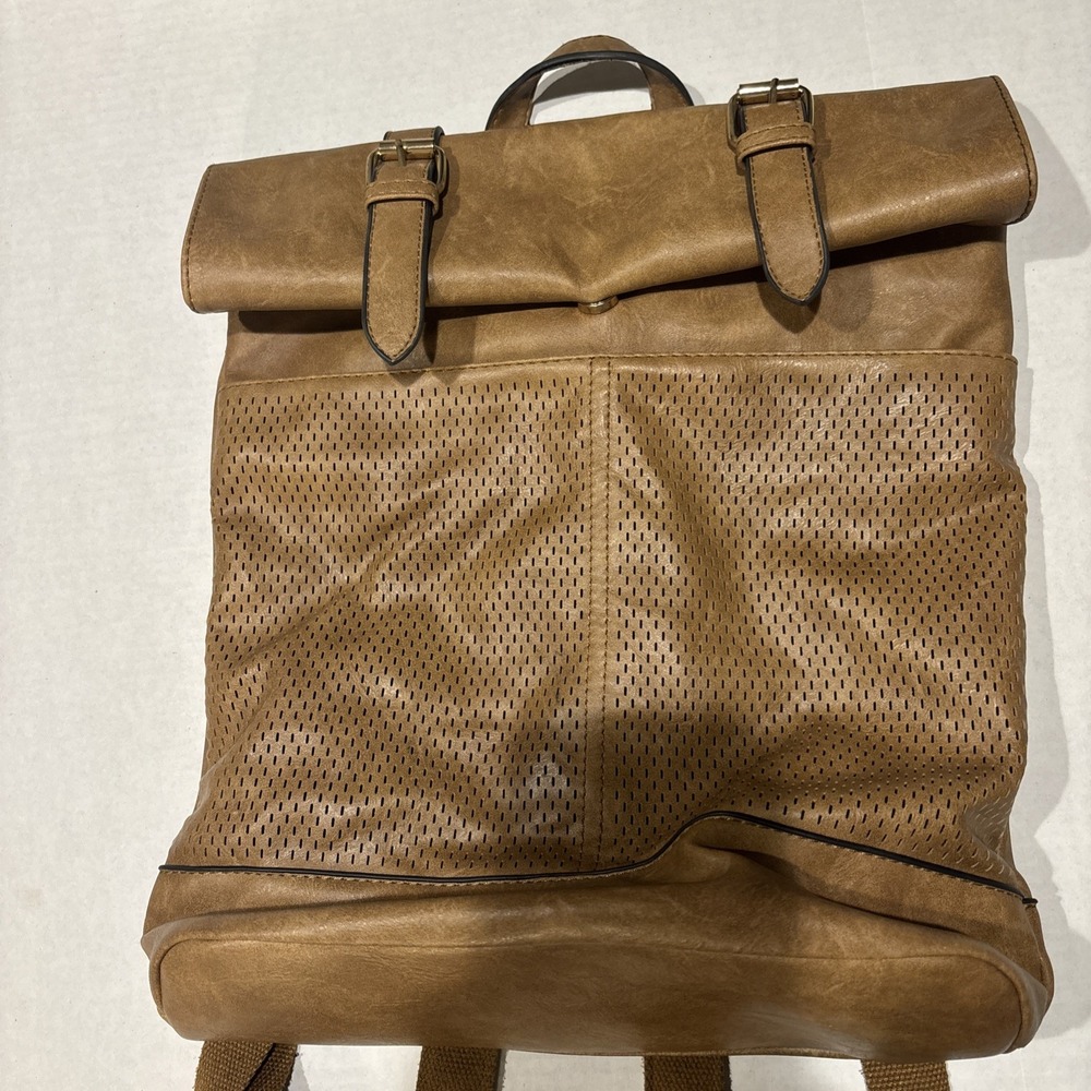 Parker Laser Cut Buckle Fold Over Backpack Vegan Leather in Tan‎